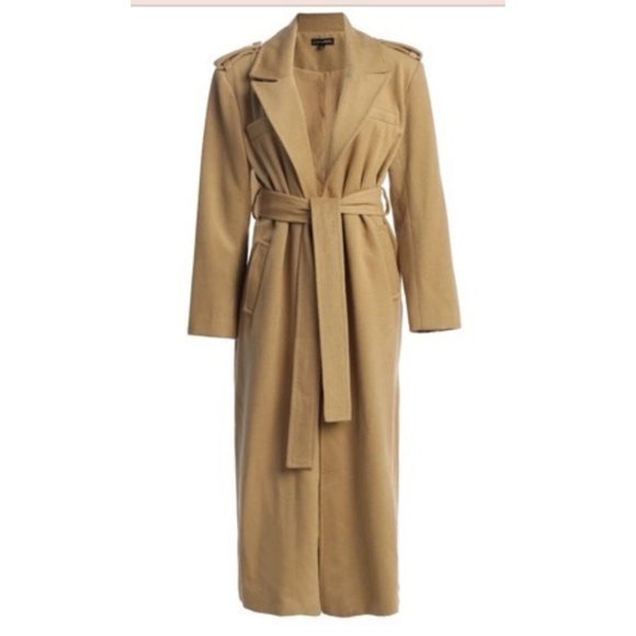 NWT • JLUXLABEL • CAMEL SAVANNAH BELTED WOVEN COAT • SMALL • SHOULDER PADS - Picture 2 of 5